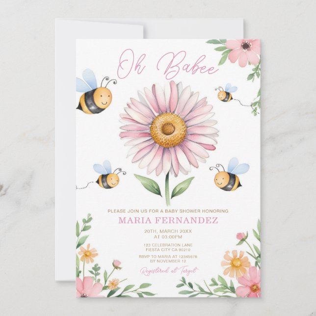 Invitation Oh Babee maman to Bee Baby shower Sunflowers rose (Devant)