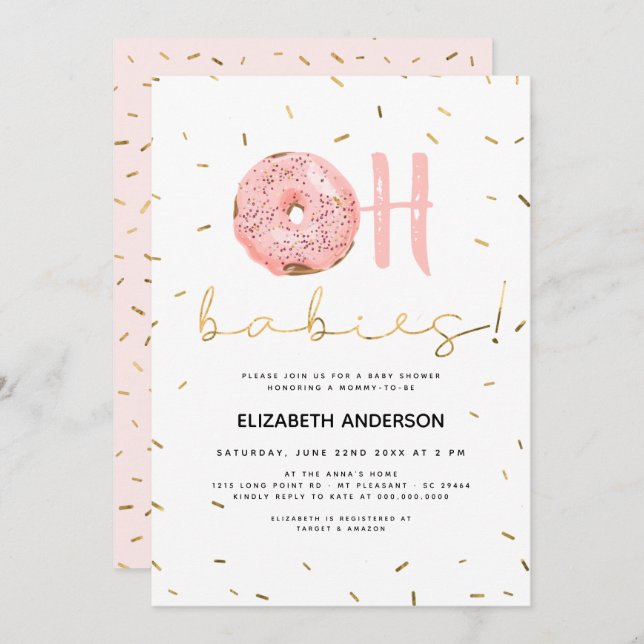 Invitation Oh Babies Donut & Sprinkles Gold Girl Baby shower (Devant / Derrière)
