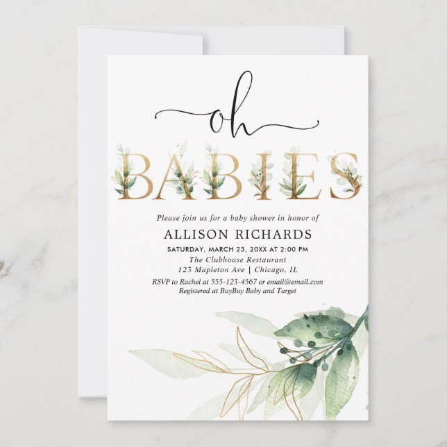Invitation Oh babies jumeaux vert or baby shower de verdure (Devant)