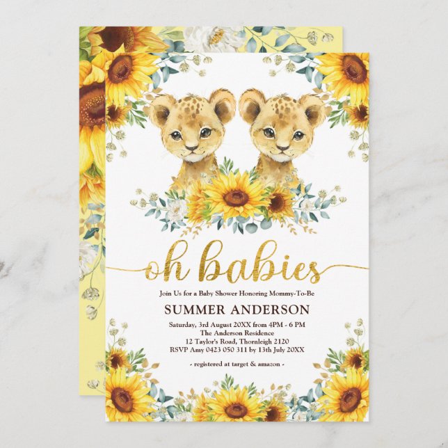 Invitation Oh Babies | Lion Twins Baby shower tournesol (Devant / Derrière)