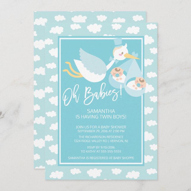Invitation Oh Babies ! Stork jumeaux garçons Baby shower Invi (Devant / Derrière)
