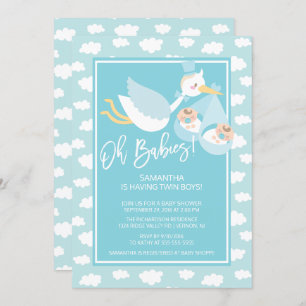 Invitation Oh Babies ! Stork jumeaux garçons Baby shower Invi