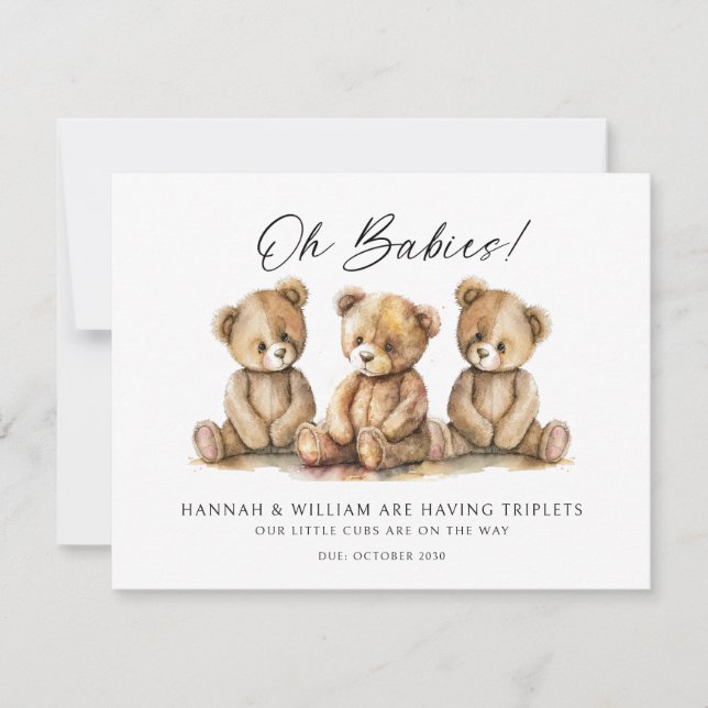 Invitation Oh Babies Triplés Sur Le Chemin Aquarelle Ours Cub (Devant)