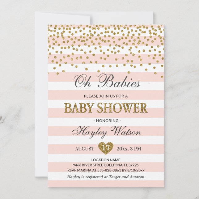 Invitation Oh Babies Twin Girls Blush Pink Gold Baby shower (Devant)