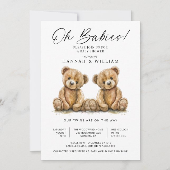Invitation Oh Babies Twins Aquarelle Baby shower Nounours (Devant)