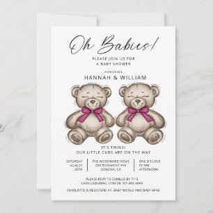 Invitation Oh Babies Twins Aquarelle Ours Baby shower