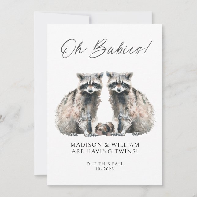 Invitation Oh Babies Twins On The Way Cute Twin Raccoons (Devant)