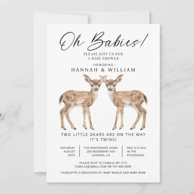 Invitation Oh Babies Twins Watercolor Deers Baby Shower (Devant)