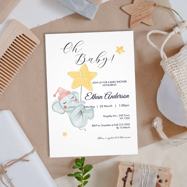 Invitation Oh Baby adorable Elephant Stars Baby shower Invita (Oh Baby Cute Elephant Stars Baby Shower Invite)