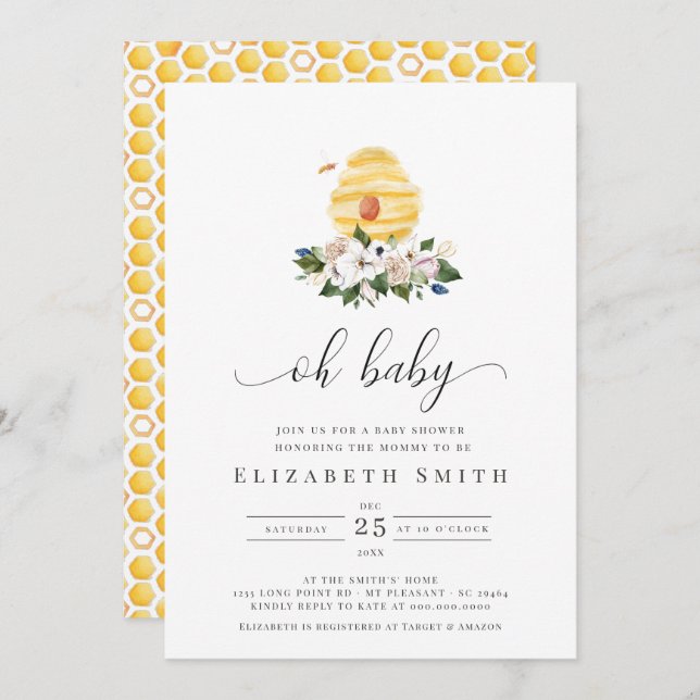 Invitation Oh Baby Aquarelle Abee Baby shower Floral Jaune (Devant / Derrière)