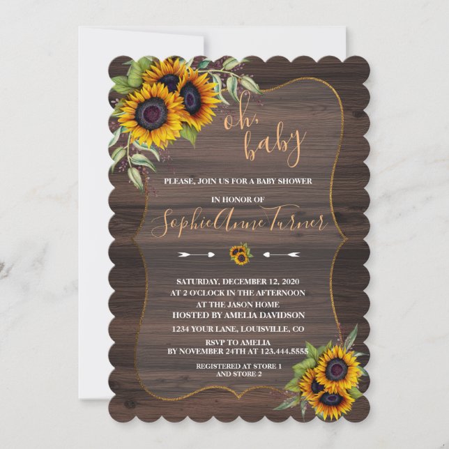 Invitation Oh BABY Aquarelle Sunflower Baby shower en bois (Devant)