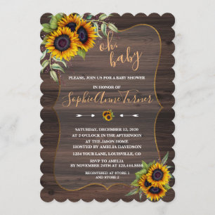 Invitation Oh BABY Aquarelle Sunflower Baby shower en bois