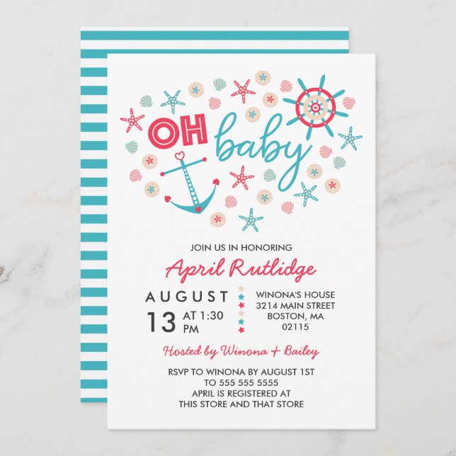 Invitation Oh Baby Baby shower bleu et rouge nautique (Devant / Derrière)