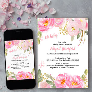 Invitation Oh Baby Baby shower d'aquarelle rose or Floral