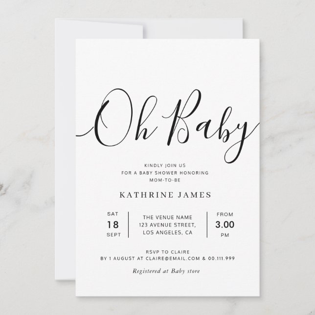 Invitation OH BABY baby shower de script simple (Devant)