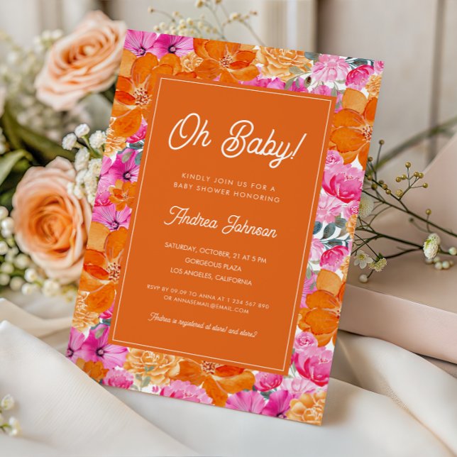 Invitation Oh Baby Baby shower floral rose et orange vif (Créateur téléchargé)
