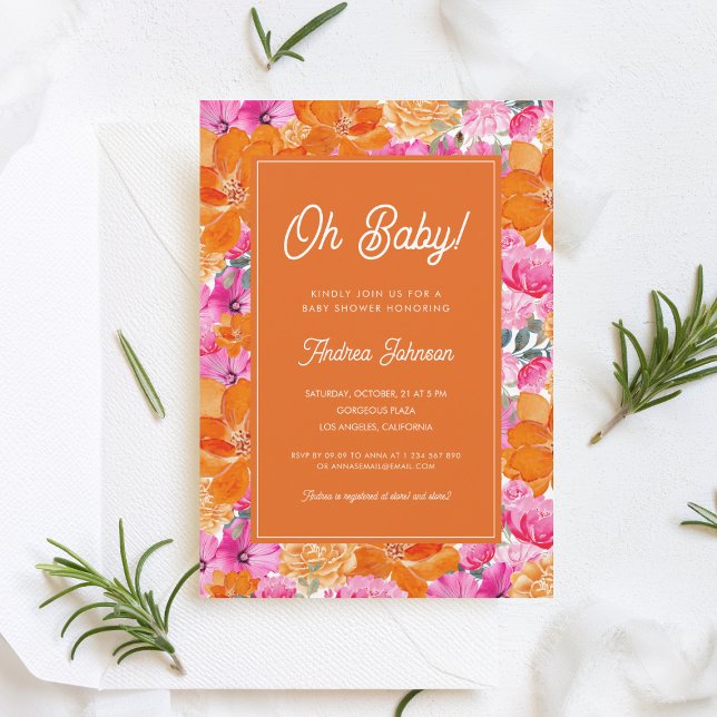 Invitation Oh Baby Baby shower floral rose et orange vif (Créateur téléchargé)