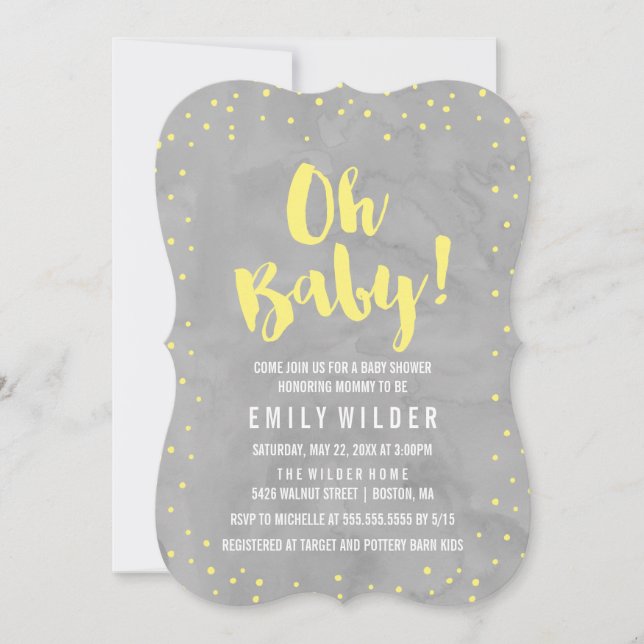 Invitation Oh Baby Baby shower gris et jaune aquarelle (Devant)