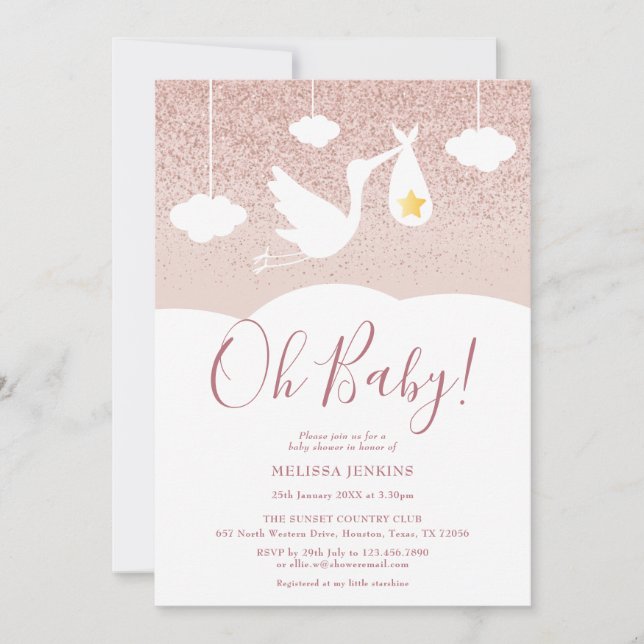 Invitation Oh Baby Baby shower Stork Rose Gold Parties scinti (Devant)