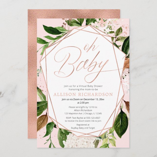 Invitation Oh Baby Baby shower virtuel fille rose or vert (Devant / Derrière)