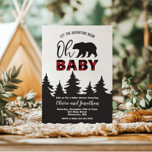 Invitation Oh Baby Bear Red Buffalo Plaid Baby shower