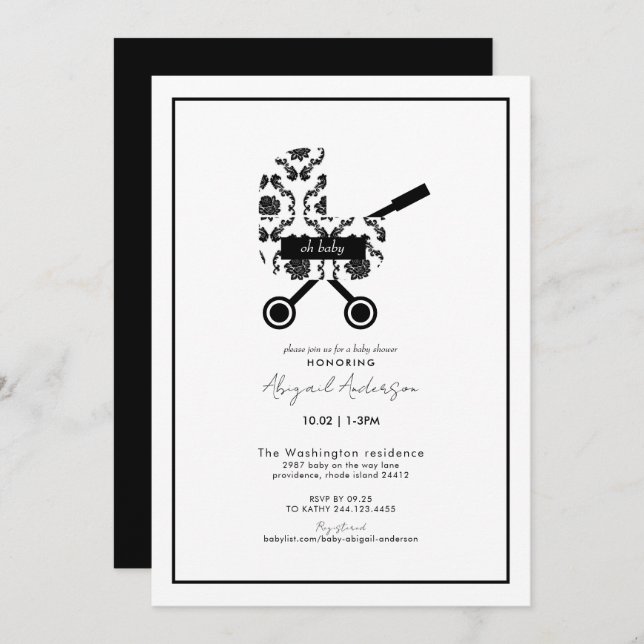 Invitation Oh Baby Black Damask Pram Baby shower (Devant / Derrière)