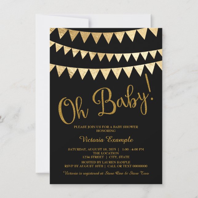 Invitation Oh Baby Black Gold Sexe Baby shower neutre (Devant)