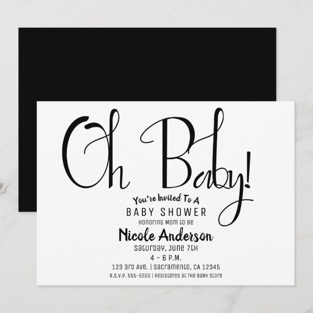 Invitation Oh Baby Black Script moderne minimal douche Party (Devant / Derrière)