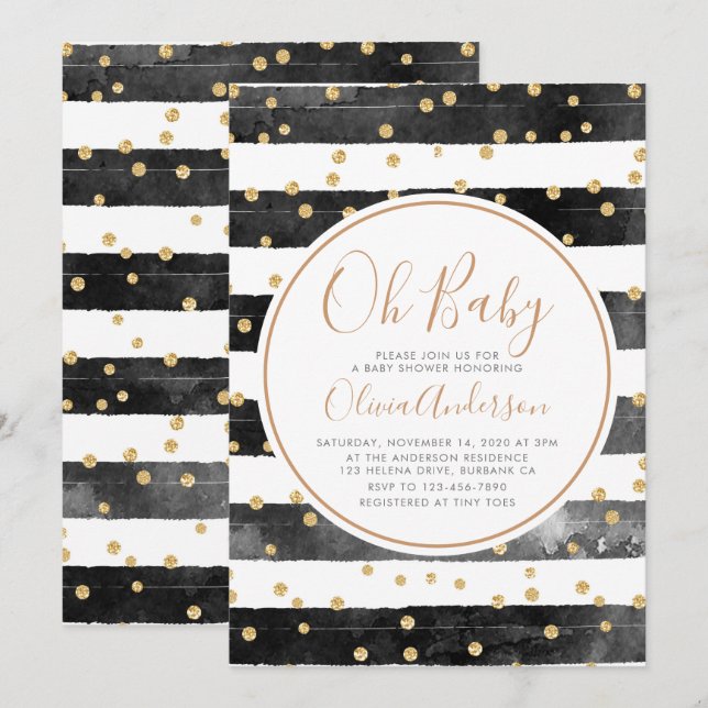 Invitation Oh Baby Black Stripe Baby shower Parties scintilla (Devant / Derrière)