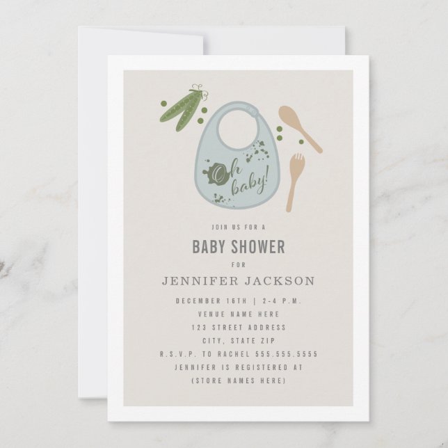 Invitation Oh Baby Blue Bib Peas Baby shower garçon (Devant)