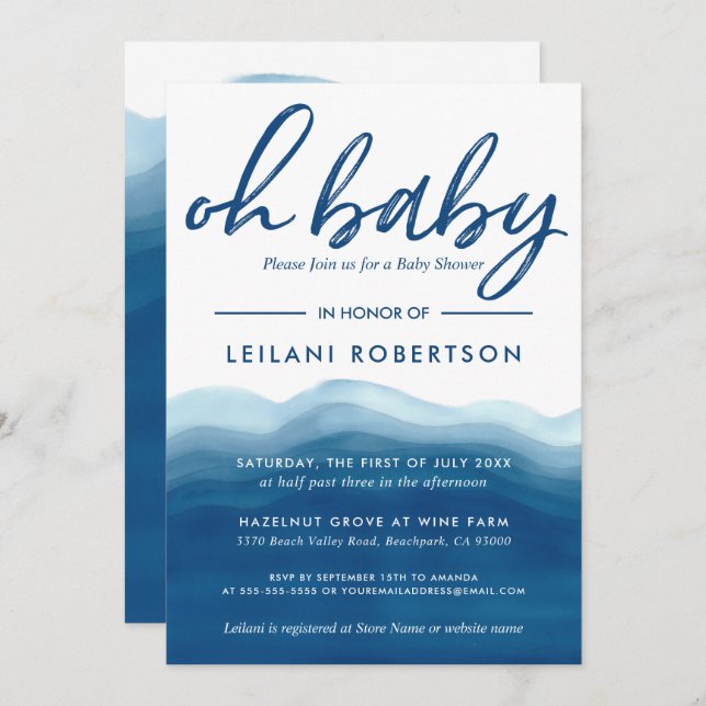 Invitation Oh Baby Blue Boy Baby shower Aquarelle Vague (Devant / Derrière)