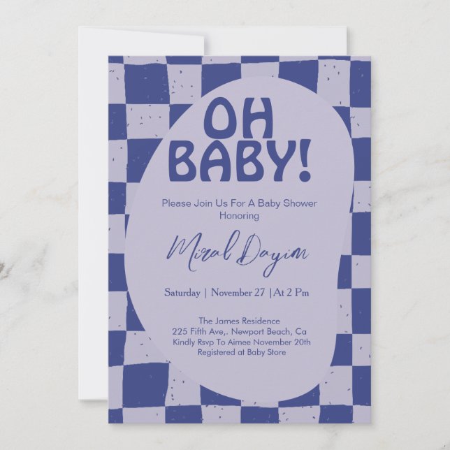 Invitation Oh Baby! Blue Checkered Modern Baby Shower (Devant)