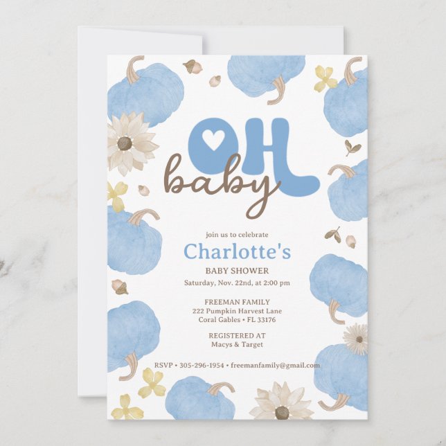Invitation Oh Baby Blue Citrouille Automne Baby shower Invita (Devant)