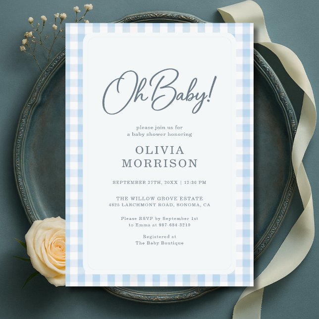 Invitation Oh Baby Blue Gingham Baby Shower (Créateur téléchargé)