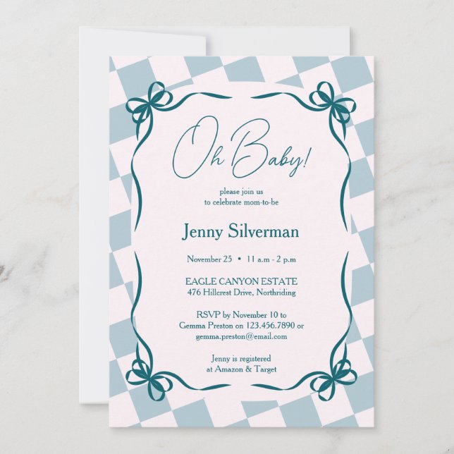 Invitation Oh Baby Blue Gingham Bows Baby Shower (Devant)