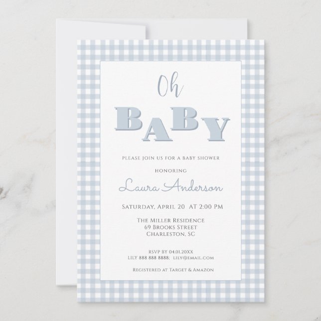 Invitation Oh Baby Blue Gingham Check Boy Baby shower  (Devant)