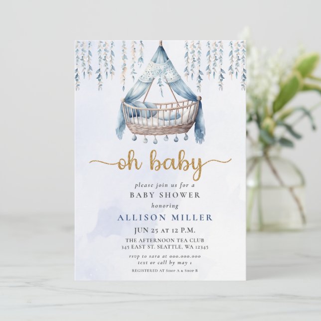 Invitation Oh Baby Blue Gold Crib Boho Baby shower garçon (Debout devant)