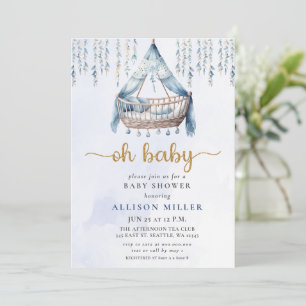 Invitation Oh Baby Blue Gold Crib Boho Baby shower garçon