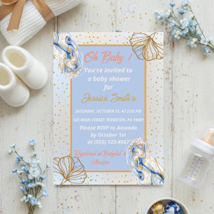 Invitation Oh Baby Blue Gold Ginkgo Baby shower feuille