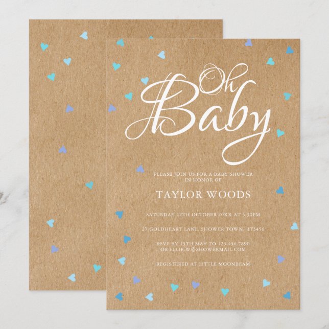 Invitation Oh Baby Blue Love Hearts Baby shower / Saupoudrer (Devant / Derrière)