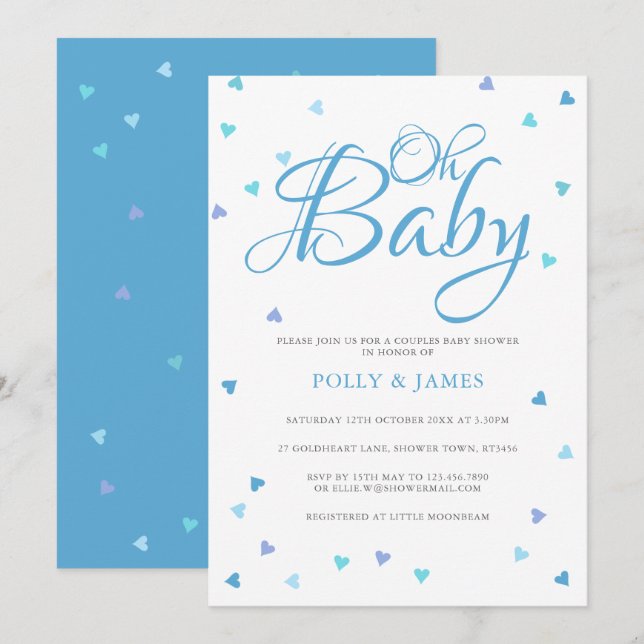 Invitation Oh Baby Blue Love Hearts Couples Baby shower (Devant / Derrière)