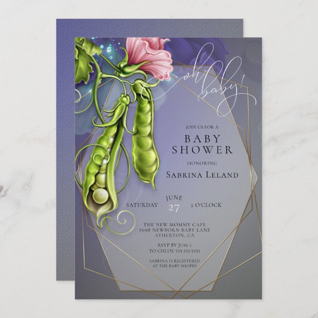 Invitation Oh Baby Blue - Pois doux dans un Baby shower de po (Devant / Derrière)