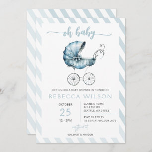 Invitation Oh Baby Blue Stroller Pram Baby shower garçon