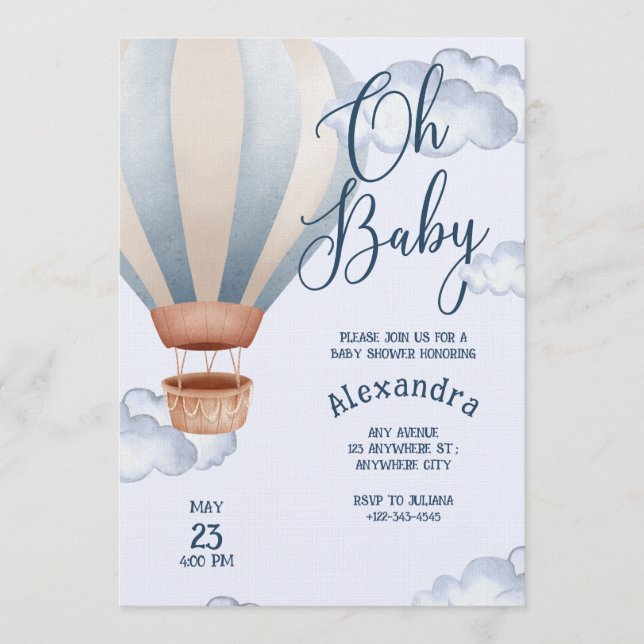 Invitation Oh Baby Blue Watercolor Air Balloon Baby Shower   (Devant)