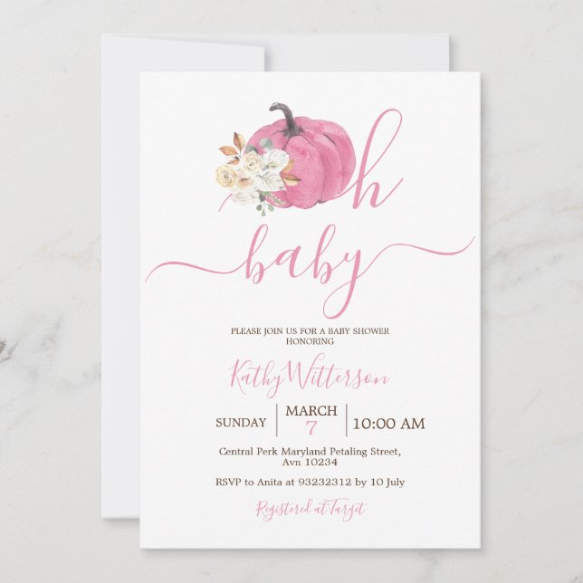 Invitation Oh Baby Blush rose Citrouille Baby shower floral (Devant)