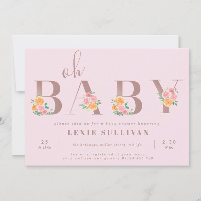 Invitation Oh Baby Blush rose & Orange Baby shower Rose (Devant)