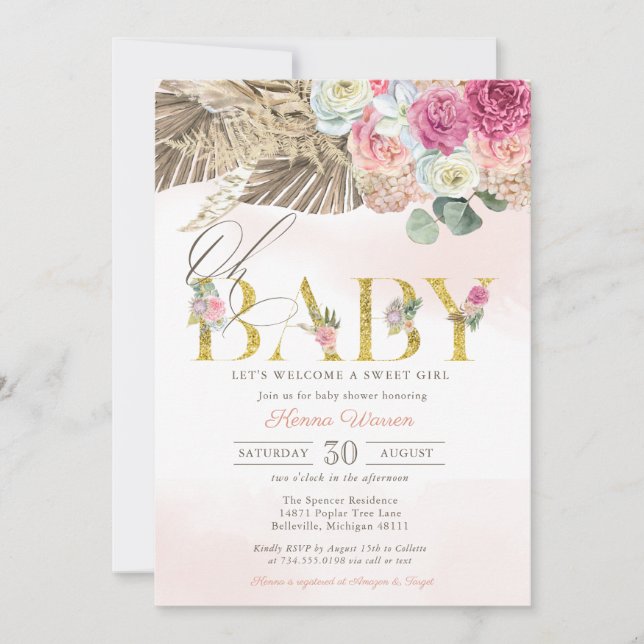 Invitation OH BABY Boho Floral Pampas & Palm Girl Douche Inv (Devant)