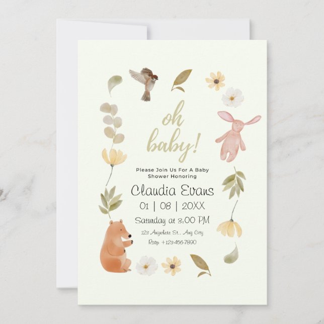 Invitation Oh Baby Boho Woodland baby shower neutre de genre (Devant)