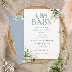 Invitation Oh Baby Botanical Greenery Bleu Poussiéreux Baby S