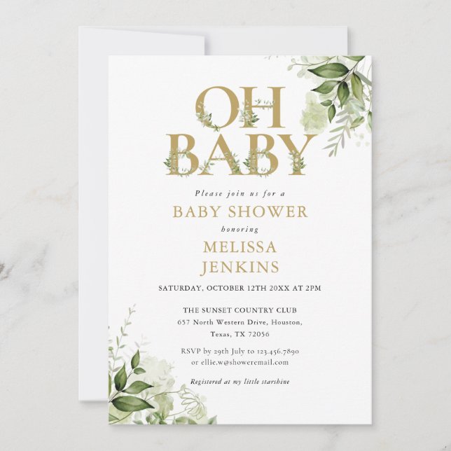 Invitation Oh Baby Botanical Greenery Fête de Naissance Or (Devant)